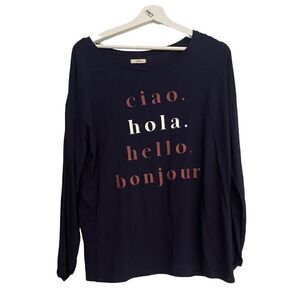 Unit navy blue graphic long sleeve tee hello in different languages sz xl